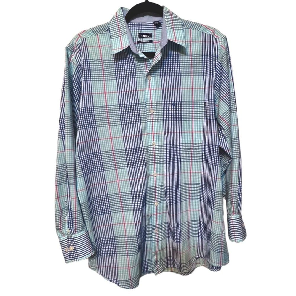 IZOD Men’s Plaid Button Up Shirt Non-Iron Stretch Size Small Blue Green Preppy